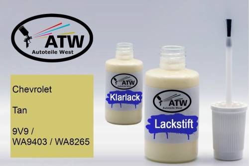 Chevrolet, Tan, 9V9 / WA9403 / WA8265: 20ml Lackstift + 20ml Klarlack - Set, von ATW Autoteile West.